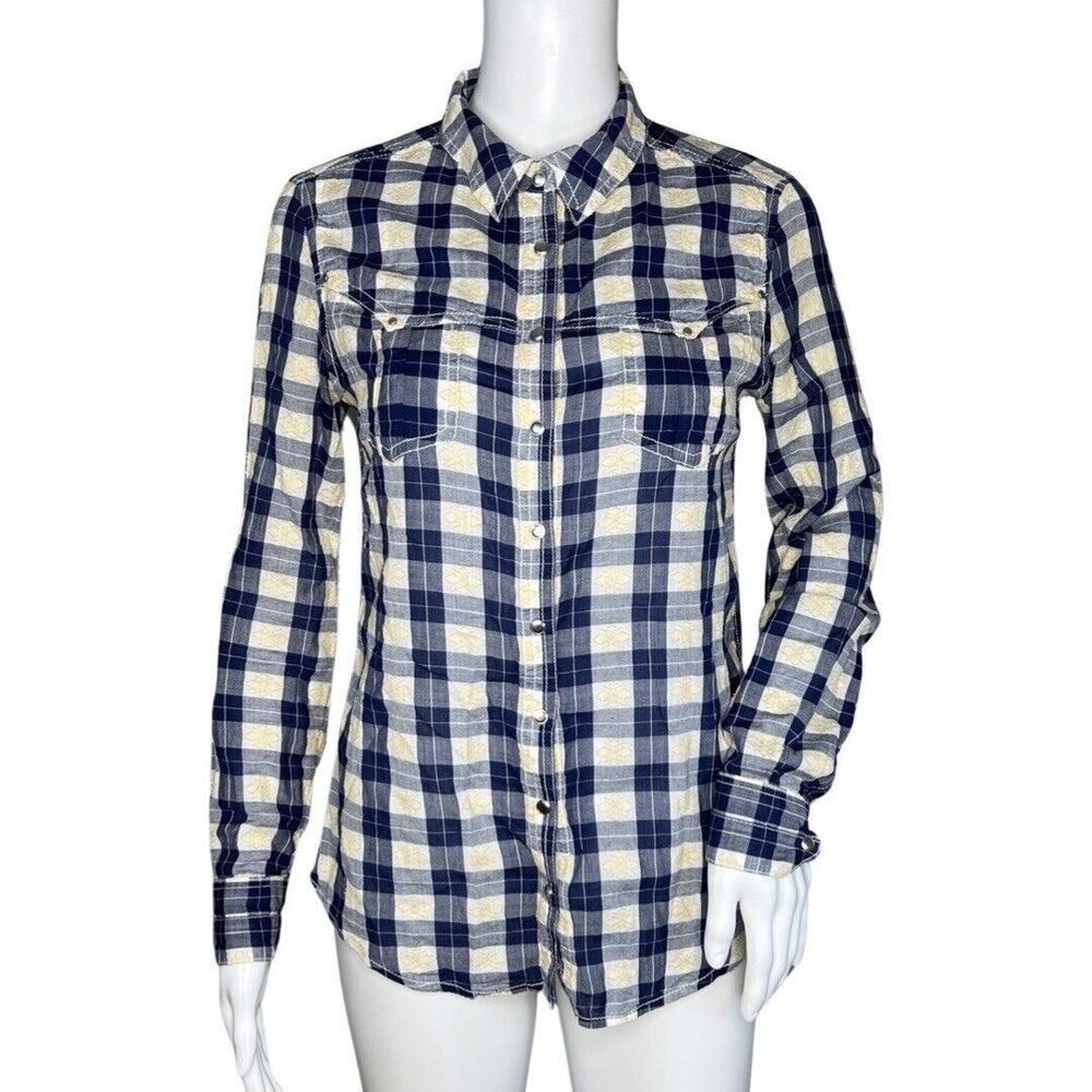 Anthropologie Holding Horses Shirt Womens 2 Blue White Plaid Metal Snap Western